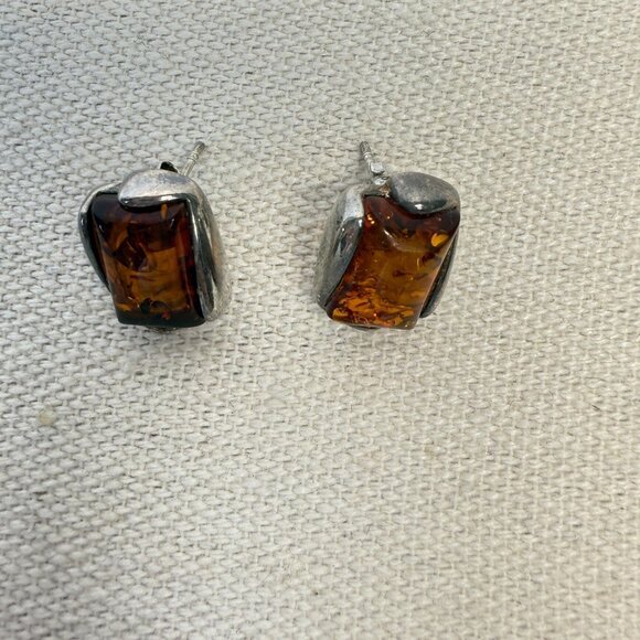 Sterling Silver Honey Baltic Amber Rectangular‎ Stud Earrings Marked - Picture 11 of 16